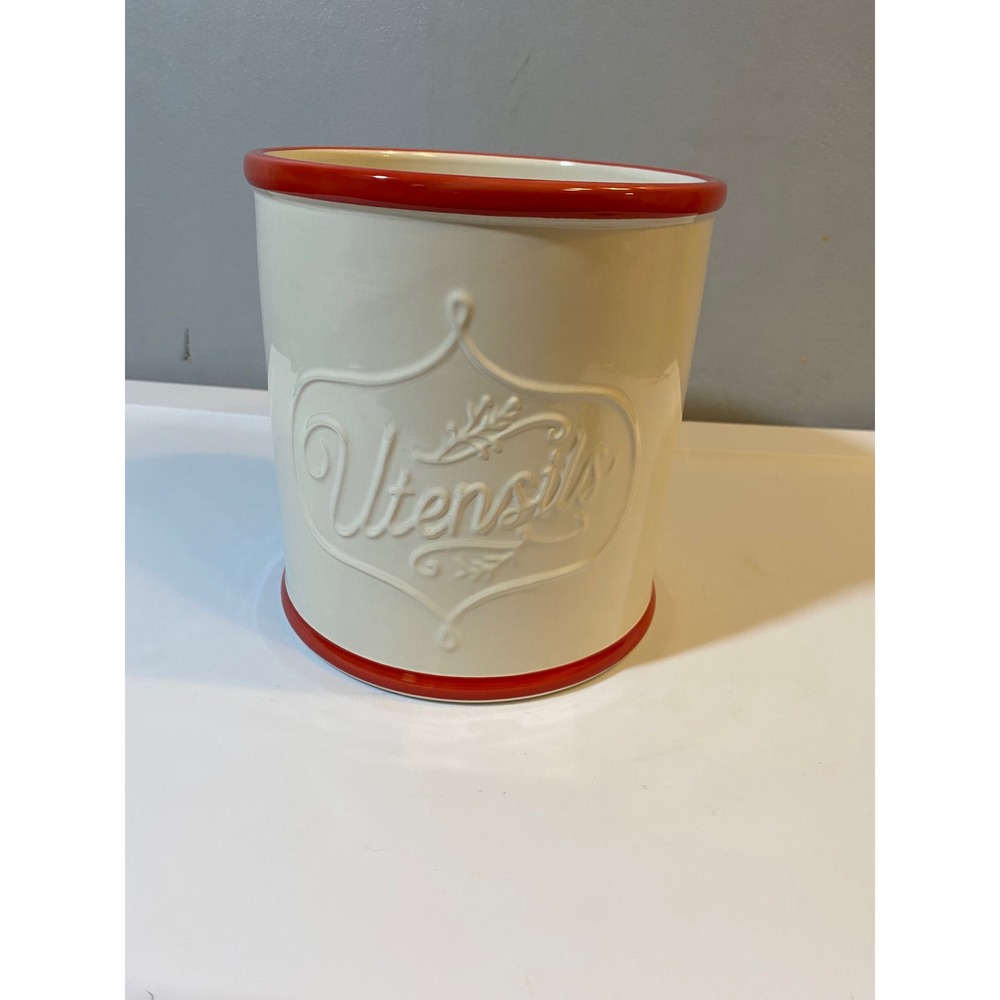 The Pioneer Woman Flea Market Utensil Crock Linen Red Stoneware 82448.01 6.5in